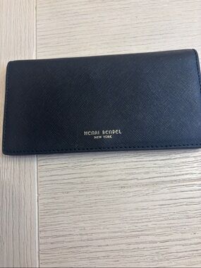 Henri Bendel Black Leather Continental Wallet with Gold Logo